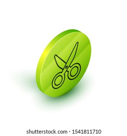 Isometric line Scissors icon isolated on white background. Cutting tool sign. Green circle button. Vector Illustration