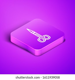 Isometric line Scissors icon isolated on purple background. Cutting tool sign. Purple square button. Vector Illustration