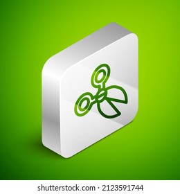 Isometric line Scissors icon isolated on green background. Cutting tool sign. Silver square button. Vector