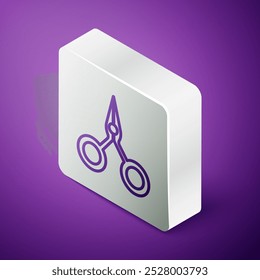 Isometric line Scissors icon isolated on purple background. Cutting tool sign. Silver square button. Vector Illustration