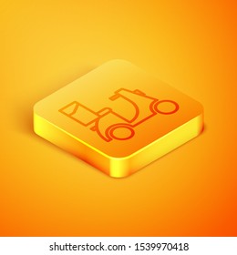 Isometric line Scooter delivery icon isolated on orange background. Delivery service concept. Orange square button. Vector Illustration