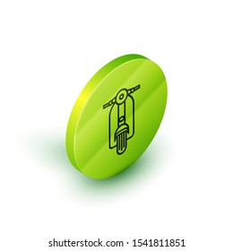 Isometric line Scooter icon isolated on white background. Green circle button. Vector Illustration