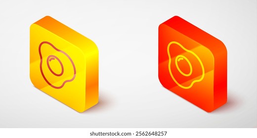 Isometric line Scrambled eggs icon isolated on grey background. Home cooked food, fried egg, healthy breakfast, omelet icon. Yellow and orange square button. Vector