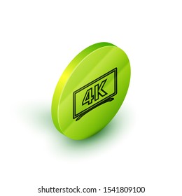 Isometric line Screen tv with 4k Ultra HD video technology icon isolated on white background. Green circle button. Vector Illustration