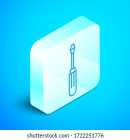 Isometric line Screwdriver icon isolated on blue background. Service tool symbol. Silver square button. Vector Illustration