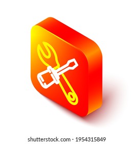 Isometric line Screwdriver and wrench spanner tools icon aislado en fondo blanco. Símbolo de herramienta de servicio. Botón cuadrado naranja. Ilustración vectorial