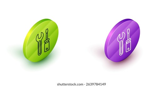 Isometric line Screwdriver and wrench spanner tools icon isolated on white background. Service tool symbol. Green and purple circle buttons. Vector