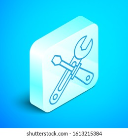 Isometric line Screwdriver and wrench tools icon isolated on blue background. Service tool symbol. Silver square button. Vector Illustration