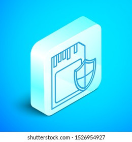 Isometric line SD card and shield icon isolated on blue background. Memory card. Adapter icon. Security, safety, protection, privacy concept. Silver square button. Vector Illustration