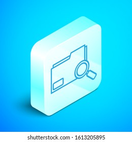 Isometric line Search concept with folder icon isolated on blue background. Magnifying glass and document. Data and information sign. Silver square button. Vector Illustration