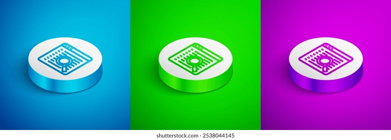 Icono del motor de Búsqueda de línea isométrica aislado sobre fondo azul, verde y púrpura. Botón de círculo blanco. Vector