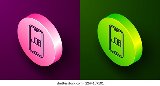 Isometric line Search job icon isolated on purple and green background. Recruitment or selection concept. Human resource and recruitment for business. Circle button. Vector