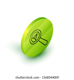 Isometric line Search location icon isolated on white background. Magnifying glass with pointer sign. Green circle button. Vector Illustration