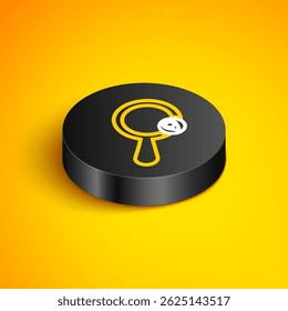 Isometric line Search location icon isolated on yellow background. Magnifying glass with pointer sign. Black circle button. Vector