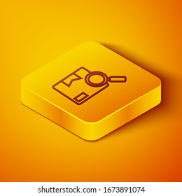 Isometric line Search package icon isolated on orange background. Parcel tracking. Magnifying glass and cardboard box. Logistic and delivery. Yellow square button. Vector Illustration