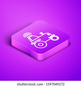 Isometric line Self driving wireless tractor on a smart farm icon isolated on purple background. Smart agriculture implement element. Purple square button. Vector Illustration
