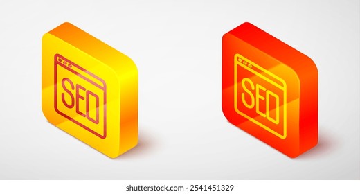 Isometric line SEO optimization icon isolated on grey background. Yellow and orange square button. Vector