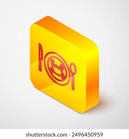 Isometric line Served crab on a plate icon isolated on grey background. Yellow square button. Vector