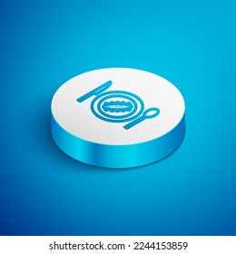 Isometric line Served cucumber on a plate icon isolated on blue background. Marine food. White circle button. Vector
