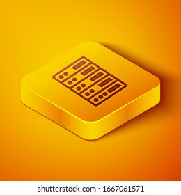 Isometric line Server, Data, Web Hosting icon isolated on orange background. Yellow square button. Vector Illustration