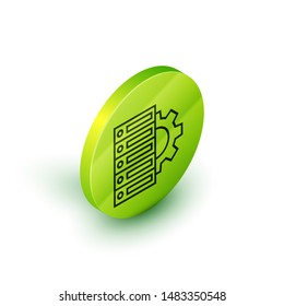 Isometric line Server and gear icon isolated on white background. Adjusting app, service concept, setting options, maintenance, repair, fixing. Green circle button. Vector Illustration