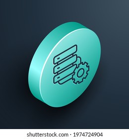 Isometric line Server and gear icon isolated on black background. Adjusting app, service concept, setting options, maintenance, repair, fixing. Turquoise circle button. Vector