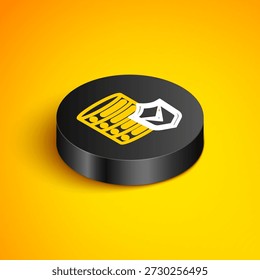 Isometric line Server with shield icon isolated on yellow background. Protection against attacks. Network firewall, router, switch, data. Black circle button. Vector