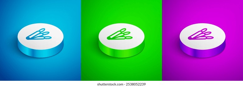 Isometric line Set of false nails for manicure icon isolated on blue, green and purple background. Varnish color palette for nail extension. Artificial nails. White circle button. Vector