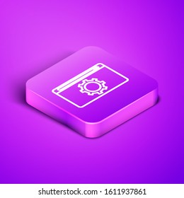 Isometric line Setting icon isolated on purple background. Adjusting, service, maintenance, repair, fixing. Purple square button. Vector Illustration
