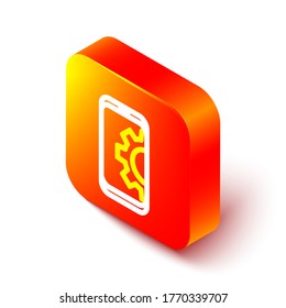 Isometrische Zeile Einstellung auf Smartphone Symbol einzeln auf weißem Hintergrund. Einstellung, Service, Einstellung, Wartung, Reparatur, Reparatur. Orangefarbene Quadrat-Taste. Vektorgrafik