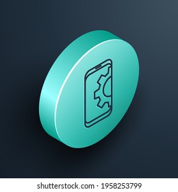 Isometrische Zeile Einstellung auf Smartphone Symbol einzeln auf schwarzem Hintergrund. Einstellung, Service, Einstellung, Wartung, Reparatur, Reparatur. Türkisfarbener Kreis-Knopf. Vektorgrafik