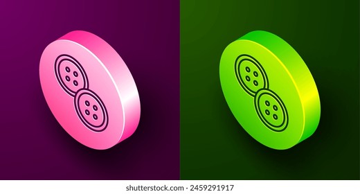 Isometric line Sewing button for clothes icon isolated on purple and green background. Clothing button. Circle button. Vector