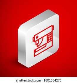 Isometric line Sewing machine icon isolated on red background. Silver square button. Vector Illustration
