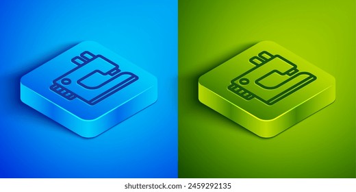 Isometric line Sewing machine icon isolated on blue and green background. Square button. Vector