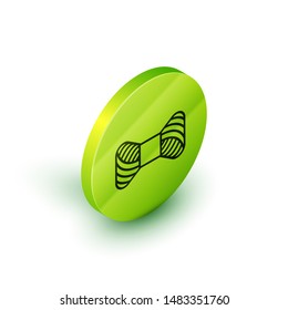 Isometric line Sewing thread on spool icon isolated on white background. Yarn spool. Thread bobbin. Green circle button. Vector Illustration