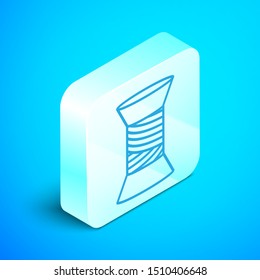 Isometric line Sewing thread on spool icon isolated on blue background. Yarn spool. Thread bobbin. Silver square button. Vector Illustration
