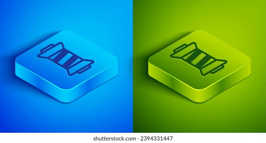 Isometric line Sewing thread on spool icon isolated on blue and green background. Yarn spool. Thread bobbin. Square button. Vector Illustration