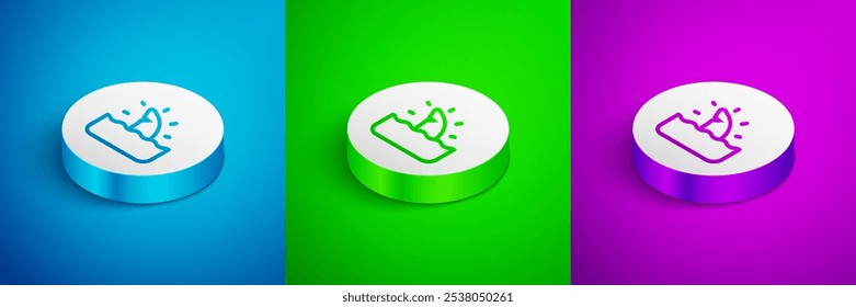 Isometric line Shark fin in ocean wave icon isolated on blue, green and purple background. White circle button. Vector