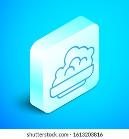 Isometric line Shaving gel foam icon isolated on blue background. Shaving cream. Silver square button. Vector Illustration