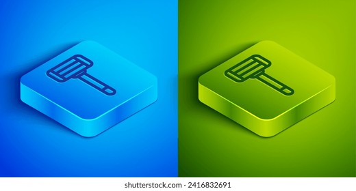 Isometric line Shaving razor icon isolated on blue and green background. Square button. Vector