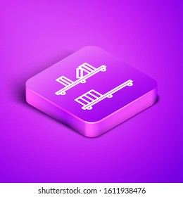 Isometric line Shelf with books icon isolated on purple background. Shelves sign. Purple square button. Vector Illustration