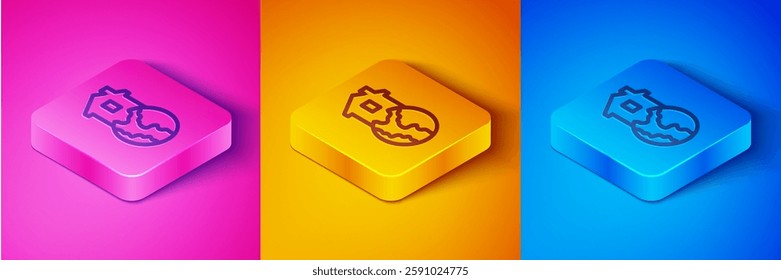 Isometric line Shelter for homeless icon isolated on pink and orange, blue background. Emergency housing, temporary residence for people, bums and beggars without home. Square button. Vector