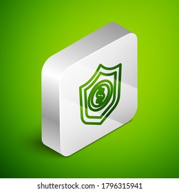 Isometric line Shield with dollar symbol icon isolated on green background. Security shield protection. Money security concept. Silver square button. Vector.