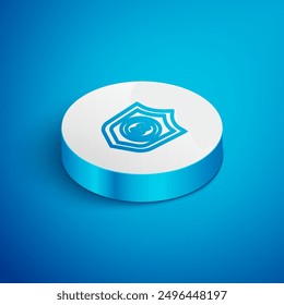 Isometric line Shield with dollar symbol icon isolated on blue background. Security shield protection. Money security concept. White circle button. Vector