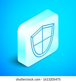 Isometric line Shield icon isolated on blue background. Guard sign. Security, safety, protection, privacy concept. Silver square button. Vector Illustration