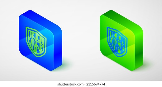 Isometric line Shield icon isolated grey background. Guard sign. Security, safety, protection, privacy concept. Blue and green square button. Vector