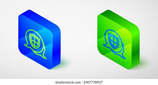 Isometrische Linie Schild Symbol einzeln auf grauem Hintergrund. Versicherungskonzept. Schutzschild. Sicherheit, Sicherheit, Schutz, Datenschutz Die Taste blau und grün. Vektorgrafik