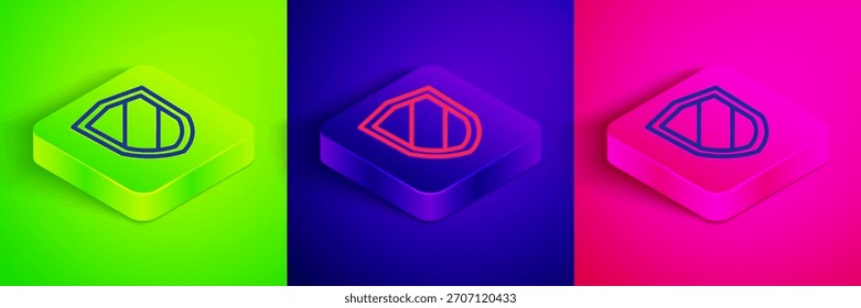Icono de escudo de línea isométrica aislado sobre fondo verde, azul y rosa. Signo de guardia. Seguridad, seguridad, protección, concepto de privacidad. Botón cuadrado. Vector