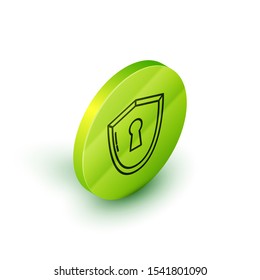Isometric line Shield with keyhole icon isolated on white background. Protection, security concept. Safety badge icon. Privacy banner. Defense tag. Green circle button. Vector Illustration
