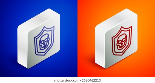 Isometric line Shield with pirate skull icon isolated on blue and orange background. Silver square button. Vector